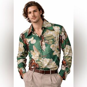 Vintage 70s Cue Cloth Troy CA Disco‎ Shirt Novelty Train Print Green Nylon L